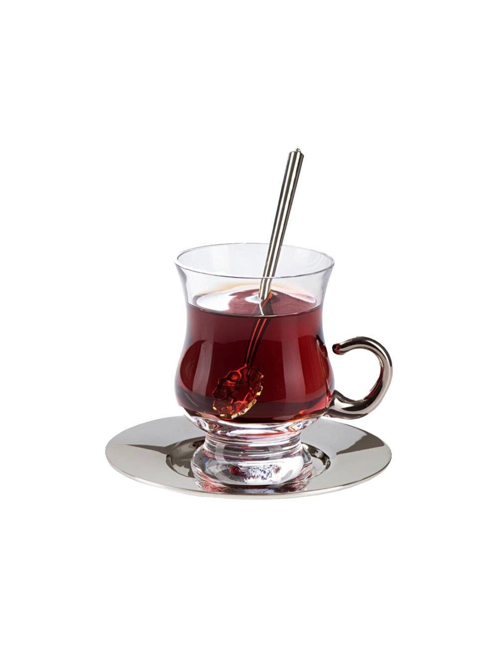 ANATOLİ TİRYAKİ ÇAY TAKIMI 2'Lİ GÜMÜŞ KAPLAMA ŞEFFAF CAM (6 PARÇA)