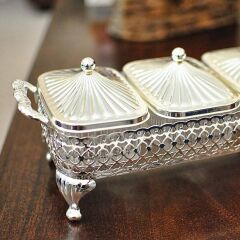 QUEEN ANNE İNGİLİZ GÜMÜŞÜ ÜÇ BÖLMELİ KAPAKLI SUNUMLUK 30 X 13.5 CM - 0-4933